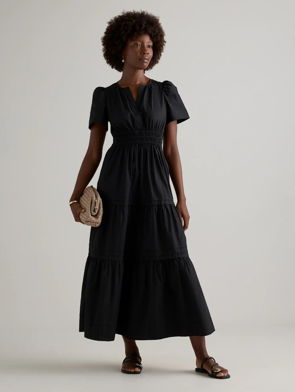 Quince Black Midi Smocked-Waist Puff-Sleeve Dress